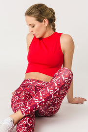 pure by luce sustainable Gugu Red sports crop top with red all-over printed Naomi Cape Town leggings